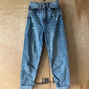 Blue Washed Lightly Distressed High-Waisted Cuffed Jeans
